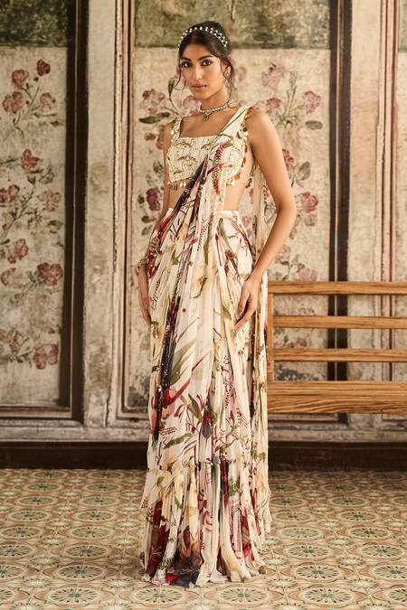 Diyarajvvir Ivory Crepe, Georgette Beads, Sequins Square Floral Print Pre-draped Saree Set at Aza Fashions Diyarajvvir_Ivory Crepe, Georgette Beads, Sequins Square Floral Print Pre-draped Saree Set _at_Aza_Fashions