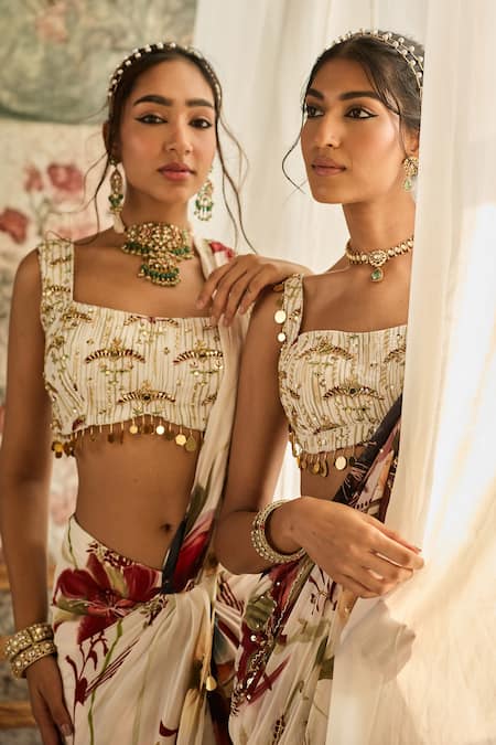 Diyarajvvir Ivory Crepe Sequins, Beads Square Neck Floral Print Pre-draped Saree Set Online at Aza Fashions Diyarajvvir_Ivory Crepe Sequins, Beads Square Neck Floral Print Pre-draped Saree Set _Online_at_Aza_Fashions