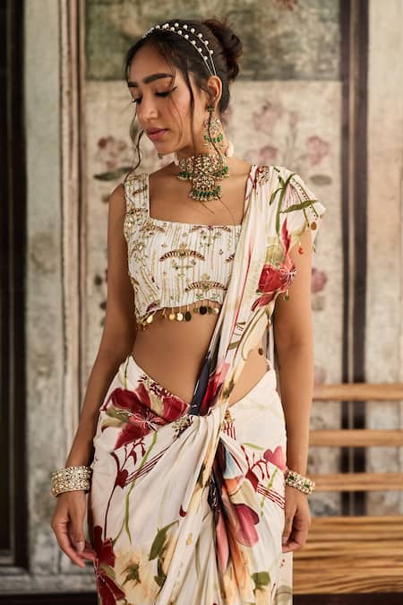Buy Diyarajvvir Ivory Crepe Sequins, Beads Square Neck Floral Print Pre-draped Saree Set Online at Aza Fashions Buy_Diyarajvvir_Ivory Crepe Sequins, Beads Square Neck Floral Print Pre-draped Saree Set _Online_at_Aza_Fashions