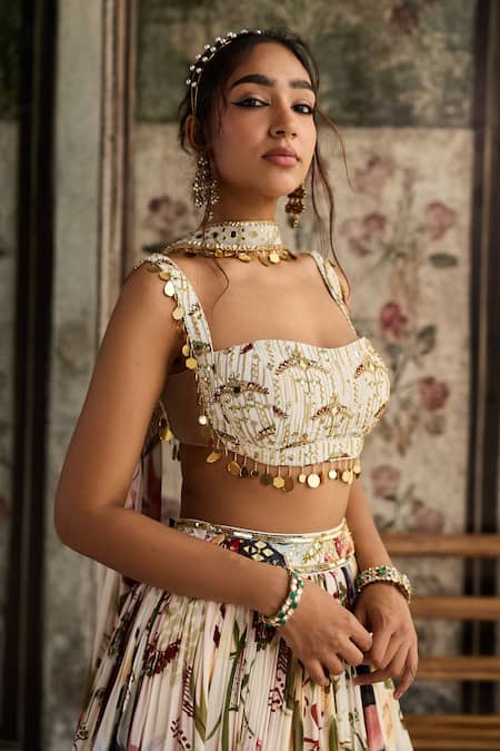 Buy Diyarajvvir Ivory Crepe, Georgette Sequins, Beads Square Floral Print Designer Lehenga Set Online at Aza Fashions Buy_Diyarajvvir_Ivory Crepe, Georgette Sequins, Beads Square Floral Print Designer Lehenga Set _Online_at_Aza_Fashions