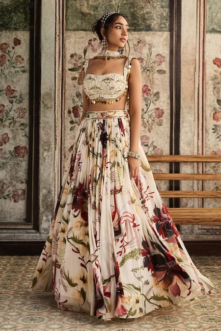 Diyarajvvir Ivory Crepe, Georgette Sequins, Beads Square Floral Print Designer Lehenga Set 
