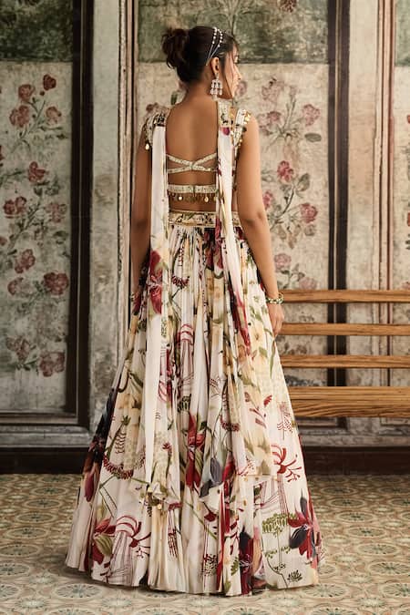 Shop Diyarajvvir Ivory Crepe, Georgette Sequins, Beads Square Floral Print Designer Lehenga Set at Aza Fashions Shop_Diyarajvvir_Ivory Crepe, Georgette Sequins, Beads Square Floral Print Designer Lehenga Set _at_Aza_Fashions