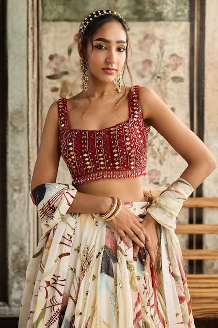 Diyarajvvir_Ivory Tulle, Organza Sequins, Beads Square Neck Floral Print Lehenga Set _Online_at_Aza_Fashions