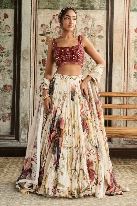 Diyarajvvir Ivory Tulle, Organza Sequins, Beads Square Neck Floral Print Lehenga Set