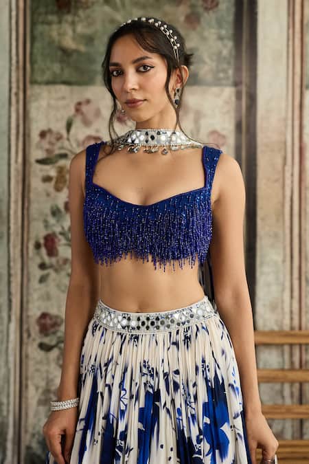 Diyarajvvir_Blue Tulle, Crepe, Georgette Beads, Sequins Scoop Neck Floral Print Lehenga Set _Online_at_Aza_Fashions