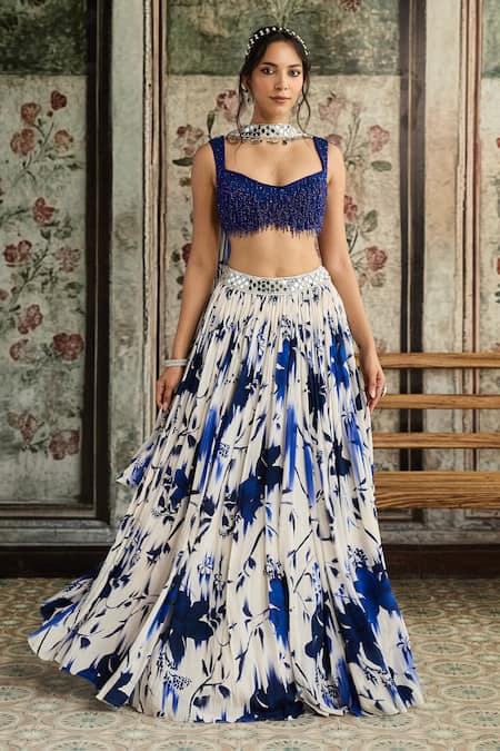 Diyarajvvir Blue Tulle, Crepe, Georgette Beads, Sequins Scoop Neck Floral Print Lehenga Set