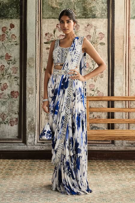 Diyarajvvir Ivory Crepe, Georgette Beads, Embroidery Printed Pre-draped Skirt Saree Set 