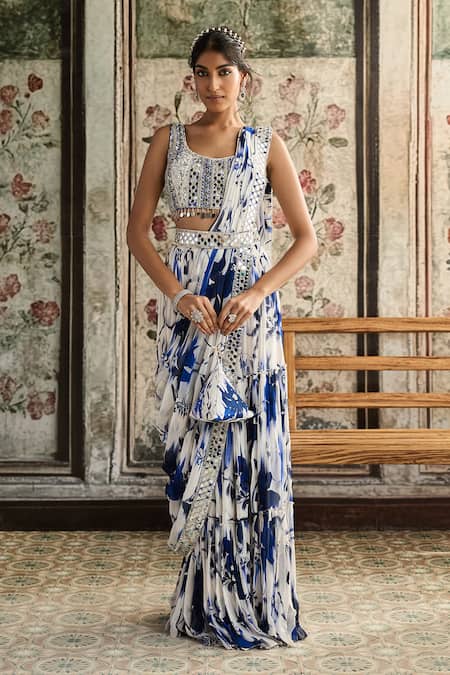 Buy_Diyarajvvir_Ivory Crepe, Georgette Beads, Embroidery Printed Pre-draped Skirt Saree Set _Online_at_Aza_Fashions