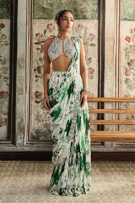 Diyarajvvir Floral Print Pre-Draped Skirt Saree With Blouse 