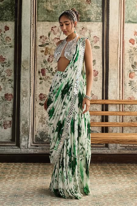 Buy_Diyarajvvir_Green Tulle, Georgette Sequins, Floral Print Pre-draped Skirt Saree With Blouse _Online_at_Aza_Fashions