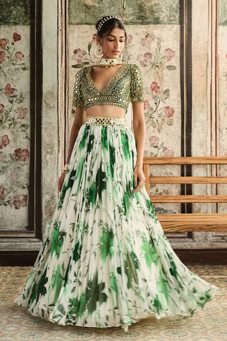 Diyarajvvir Ivory Tulle, Georgette Beads, Sequins V-neck Green Floral Print Lehenga Set