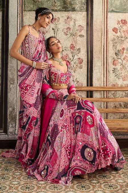 Diyarajvvir_Fuchsia Crepe, Georgette, Organza Sequins, Beads, Fuschia Printed Lehenga Set _Online_at_Aza_Fashions