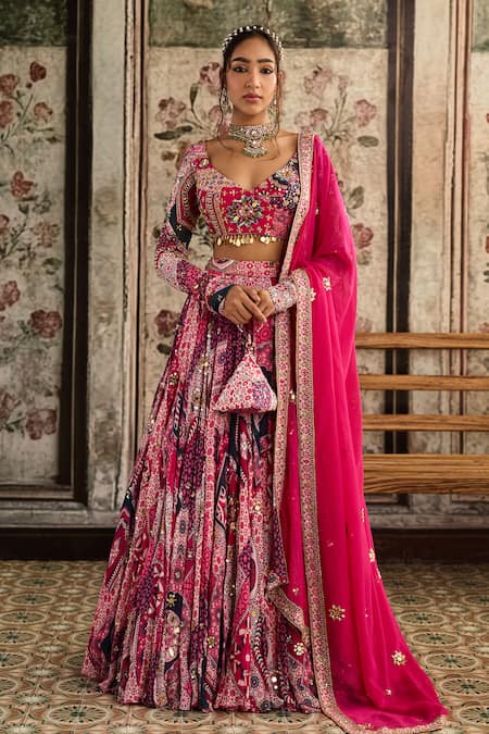 Diyarajvvir Fuchsia Crepe, Georgette, Organza Sequins, Beads, Fuschia Printed Lehenga Set 