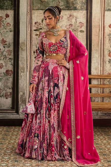 Shop_Diyarajvvir_Fuchsia Crepe, Georgette, Organza Sequins, Beads, Fuschia Printed Lehenga Set _Online_at_Aza_Fashions