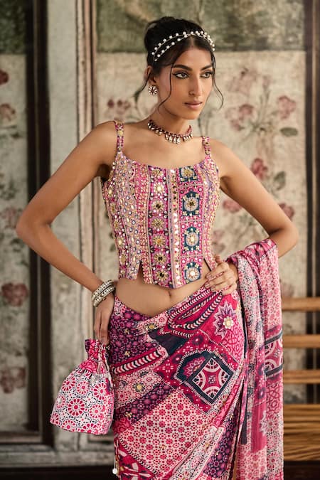 Diyarajvvir_Fuchsia Crepe, Georgette Sequins, Fuschia Designer Pre-draped Saree Set _Online_at_Aza_Fashions