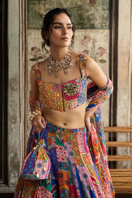 Buy_Diyarajvvir_Multi Color Crepe, Georgette Sequins, Beads, Embroidery Printed Lehenga Set _Online_at_Aza_Fashions