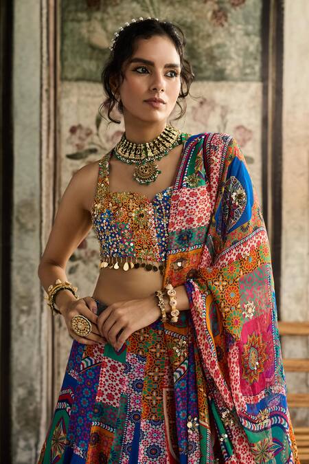 Diyarajvvir_Multi Color Crepe, Georgette Beads, Sequins Sweetheart Neck Printed Lehenga Set _Online_at_Aza_Fashions