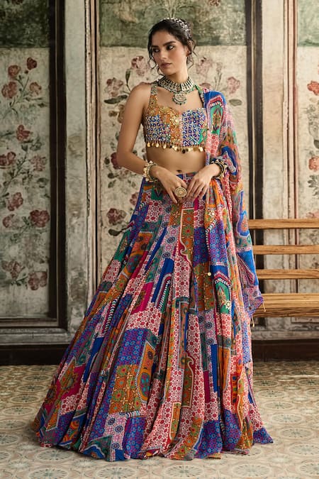 Diyarajvvir Multi Color Crepe, Georgette Beads, Sequins Sweetheart Neck Printed Lehenga Set