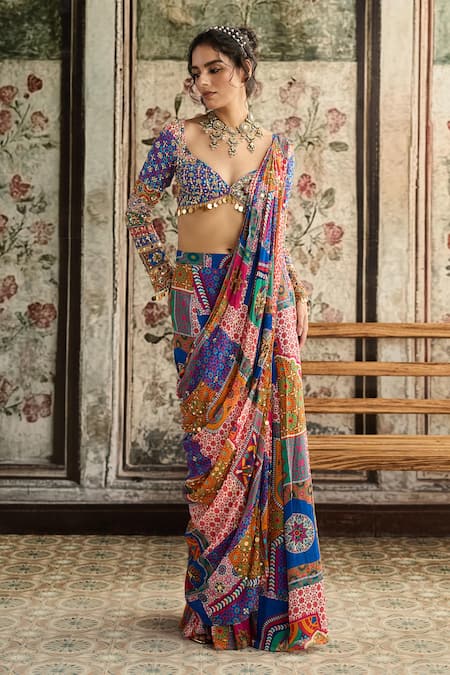 Diyarajvvir Multi Color Crepe, Georgette Beads, Sequins Pre-draped Sharara Saree With Blouse 