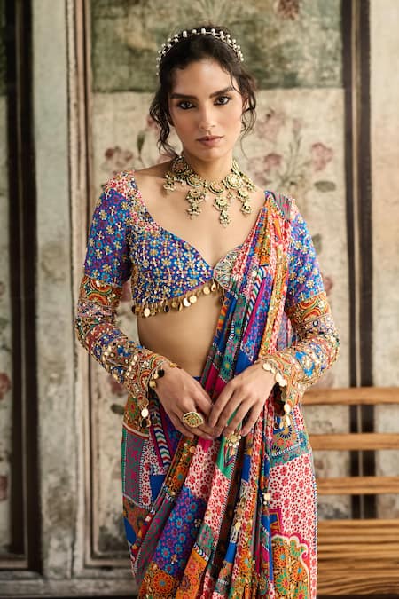 Diyarajvvir_Multi Color Crepe, Georgette Beads, Sequins Pre-draped Sharara Saree With Blouse _Online_at_Aza_Fashions