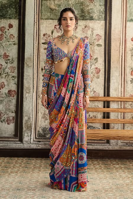 Buy_Diyarajvvir_Multi Color Crepe, Georgette Beads, Sequins Pre-draped Sharara Saree With Blouse _Online_at_Aza_Fashions
