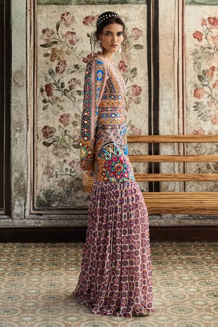 Diyarajvvir Multi Color Georgette, Silk Embroidery Round Neck Printed Jacket And Gharara Set Online at Aza Fashions Diyarajvvir_Multi Color Georgette, Silk Embroidery Round Neck Printed Jacket And Gharara Set _Online_at_Aza_Fashions