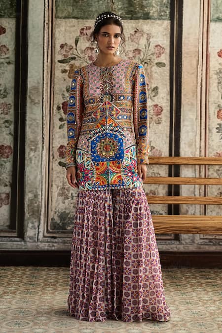 Diyarajvvir Multi Color Georgette, Silk Embroidery Round Neck Printed Jacket And Gharara Set 