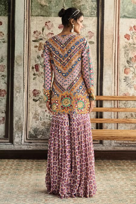 Shop Diyarajvvir Multi Color Georgette, Silk Embroidery Round Neck Printed Jacket And Gharara Set at Aza Fashions Shop_Diyarajvvir_Multi Color Georgette, Silk Embroidery Round Neck Printed Jacket And Gharara Set _at_Aza_Fashions