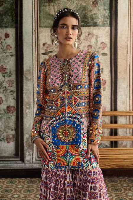 Buy Diyarajvvir Multi Color Georgette, Silk Embroidery Round Neck Printed Jacket And Gharara Set Online at Aza Fashions Buy_Diyarajvvir_Multi Color Georgette, Silk Embroidery Round Neck Printed Jacket And Gharara Set _Online_at_Aza_Fashions