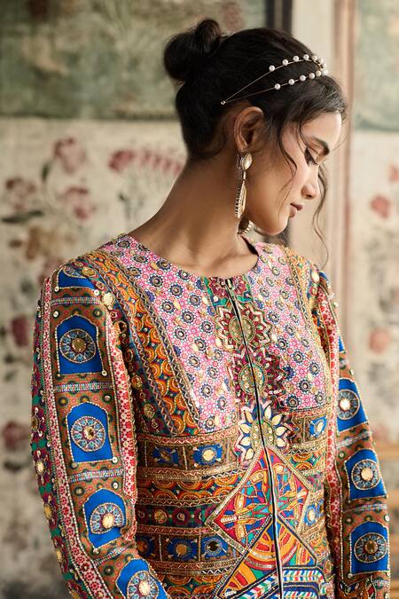 Shop Diyarajvvir Multi Color Georgette, Silk Embroidery Round Neck Printed Jacket And Gharara Set Online at Aza Fashions Shop_Diyarajvvir_Multi Color Georgette, Silk Embroidery Round Neck Printed Jacket And Gharara Set _Online_at_Aza_Fashions