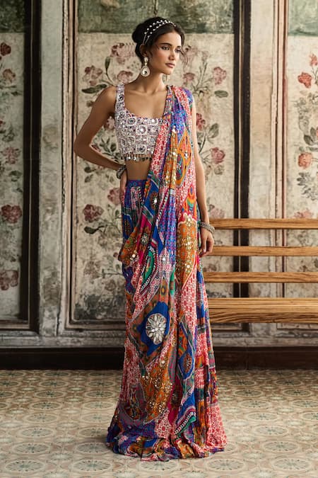 Diyarajvvir Multi Color Crepe, Georgette Sequins, Beads Pre-draped Skirt Saree With Blouse