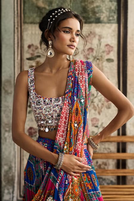 Diyarajvvir_Multi Color Crepe, Georgette Sequins, Beads Pre-draped Skirt Saree With Blouse _Online_at_Aza_Fashions