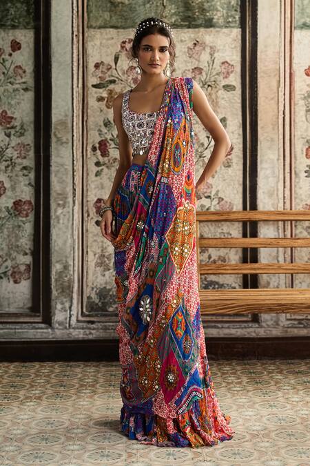 Buy_Diyarajvvir_Multi Color Crepe, Georgette Sequins, Beads Pre-draped Skirt Saree With Blouse _Online_at_Aza_Fashions