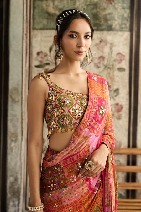 Diyarajvvir_Multi Color Crepe, Georgette Sequins, Embroidery, Pre-draped Saree With Blouse _Online_at_Aza_Fashions