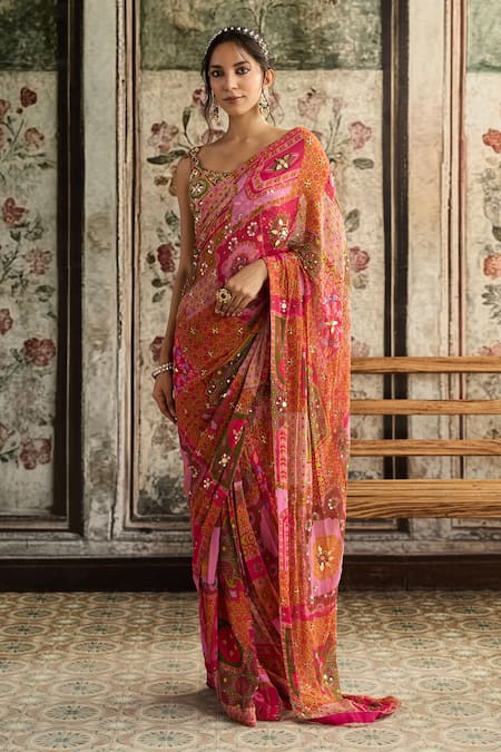 Diyarajvvir Multi Color Crepe, Georgette Sequins, Embroidery, Pre-draped Saree With Blouse 
