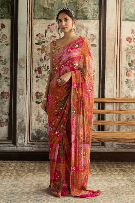 Buy_Diyarajvvir_Multi Color Crepe, Georgette Sequins, Embroidery, Pre-draped Saree With Blouse _Online_at_Aza_Fashions