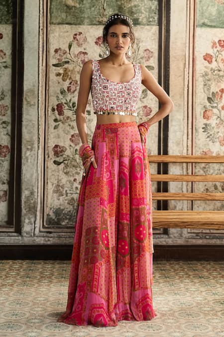 Diyarajvvir Multi Color Crepe, Georgette, Chiffon Beads, Tassels Round Blouse Sharara Set