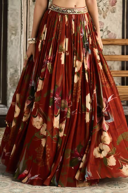 Diyarajvvir_Rust Crepe, Georgette Sequins, Beads, Embroidery Floral Print Lehenga Set _Online_at_Aza_Fashions