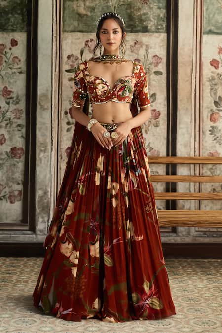 Diyarajvvir Rust Crepe, Georgette Sequins, Beads, Embroidery Floral Print Lehenga Set 