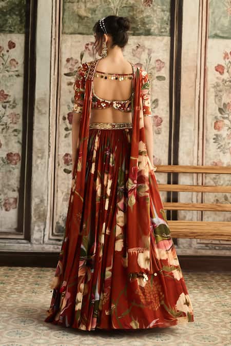 Diyarajvvir Rust Floral Print Lehenga Set 