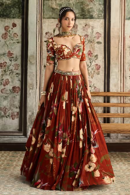 Shop_Diyarajvvir_Rust Crepe, Georgette Sequins, Beads, Embroidery Floral Print Lehenga Set _Online_at_Aza_Fashions