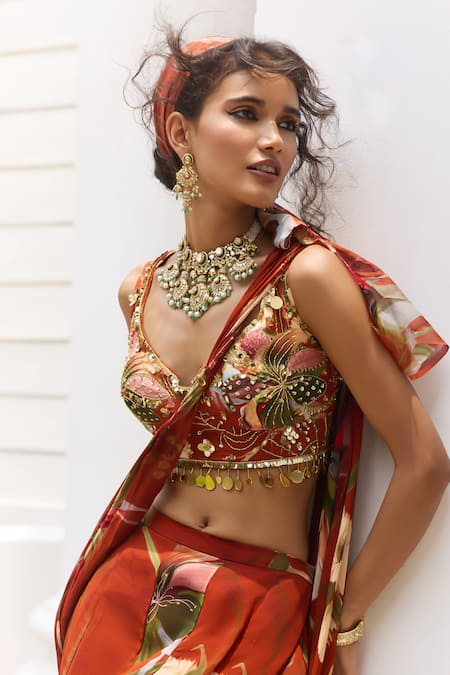 Buy_Diyarajvvir_Rust Crepe, Georgette Sequins, Floral Print Pre-draped Lehenga Saree With Blouse _Online_at_Aza_Fashions