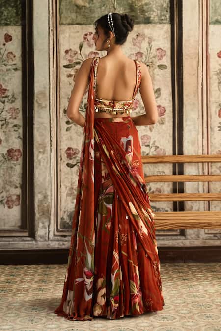 Diyarajvvir Floral Print Pre-Draped Lehenga Saree With Blouse 