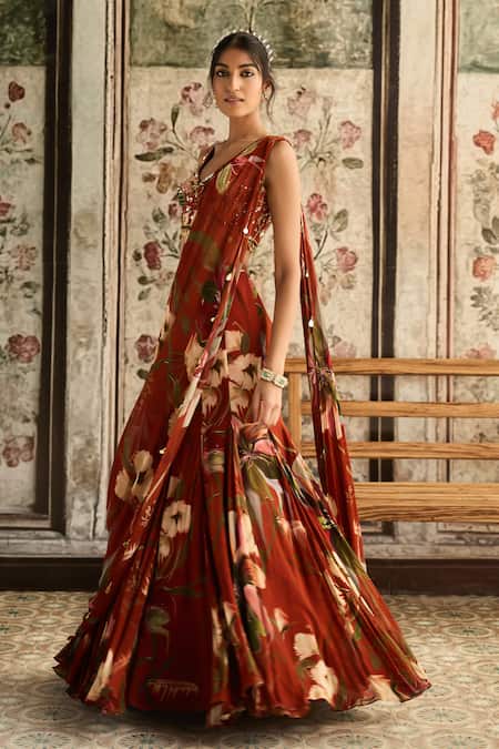 Shop_Diyarajvvir_Rust Crepe, Georgette Sequins, Floral Print Pre-draped Lehenga Saree With Blouse _Online_at_Aza_Fashions