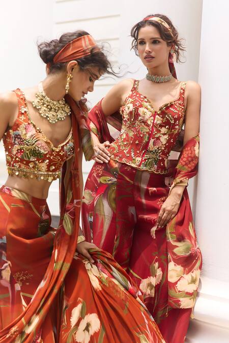 Diyarajvvir_Rust Crepe, Georgette Sequins, Floral Print Pre-draped Lehenga Saree With Blouse _at_Aza_Fashions