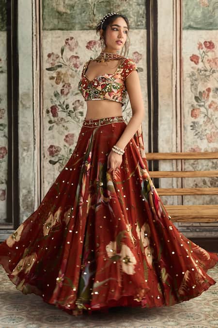 Diyarajvvir_Rust Crepe, Organza, Georgette Sequins, Embroidery Floral Print Lehenga Set _Online_at_Aza_Fashions