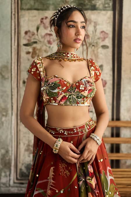 Buy_Diyarajvvir_Rust Crepe, Organza, Georgette Sequins, Embroidery Floral Print Lehenga Set _Online_at_Aza_Fashions