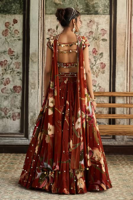 Diyarajvvir Floral Print Rust Lehenga Set 