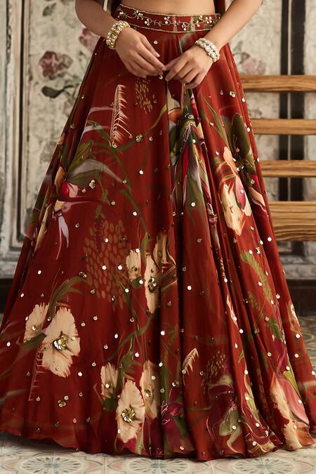 Shop_Diyarajvvir_Rust Crepe, Organza, Georgette Sequins, Embroidery Floral Print Lehenga Set _Online_at_Aza_Fashions
