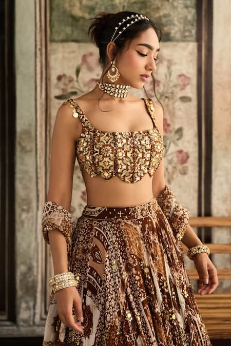 Diyarajvvir Brown Crepe, Georgette Sequins, Embroidery Square Caramel Printed Lehenga Set Online at Aza Fashions Diyarajvvir_Brown Crepe, Georgette Sequins, Embroidery Square Caramel Printed Lehenga Set _Online_at_Aza_Fashions
